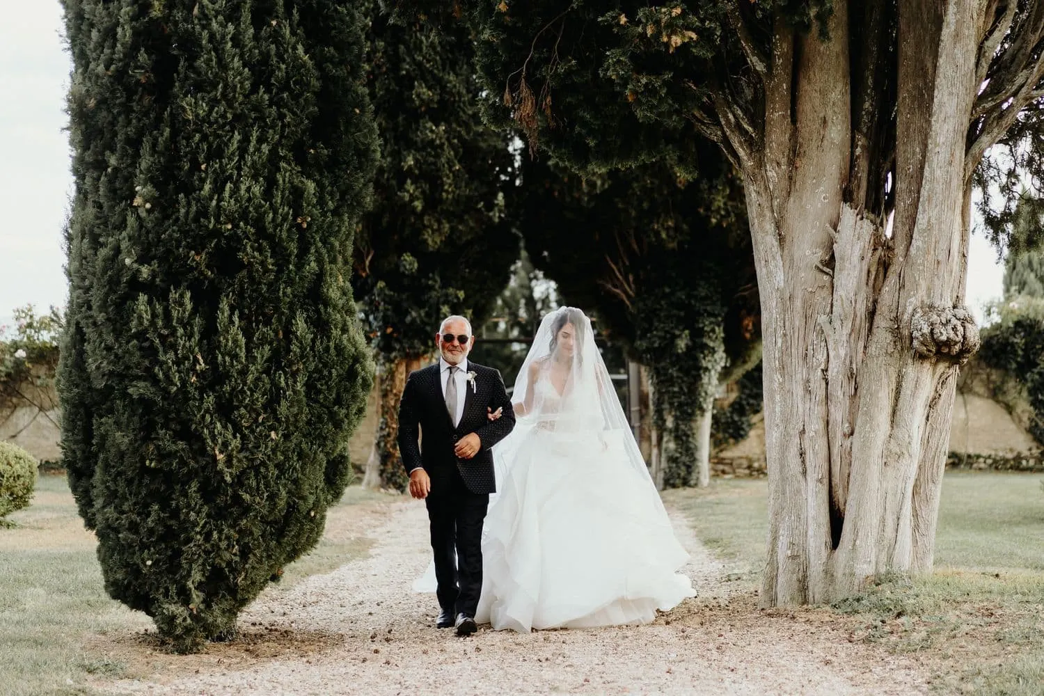 Micaela walking down the cypress avenue on her father's arm