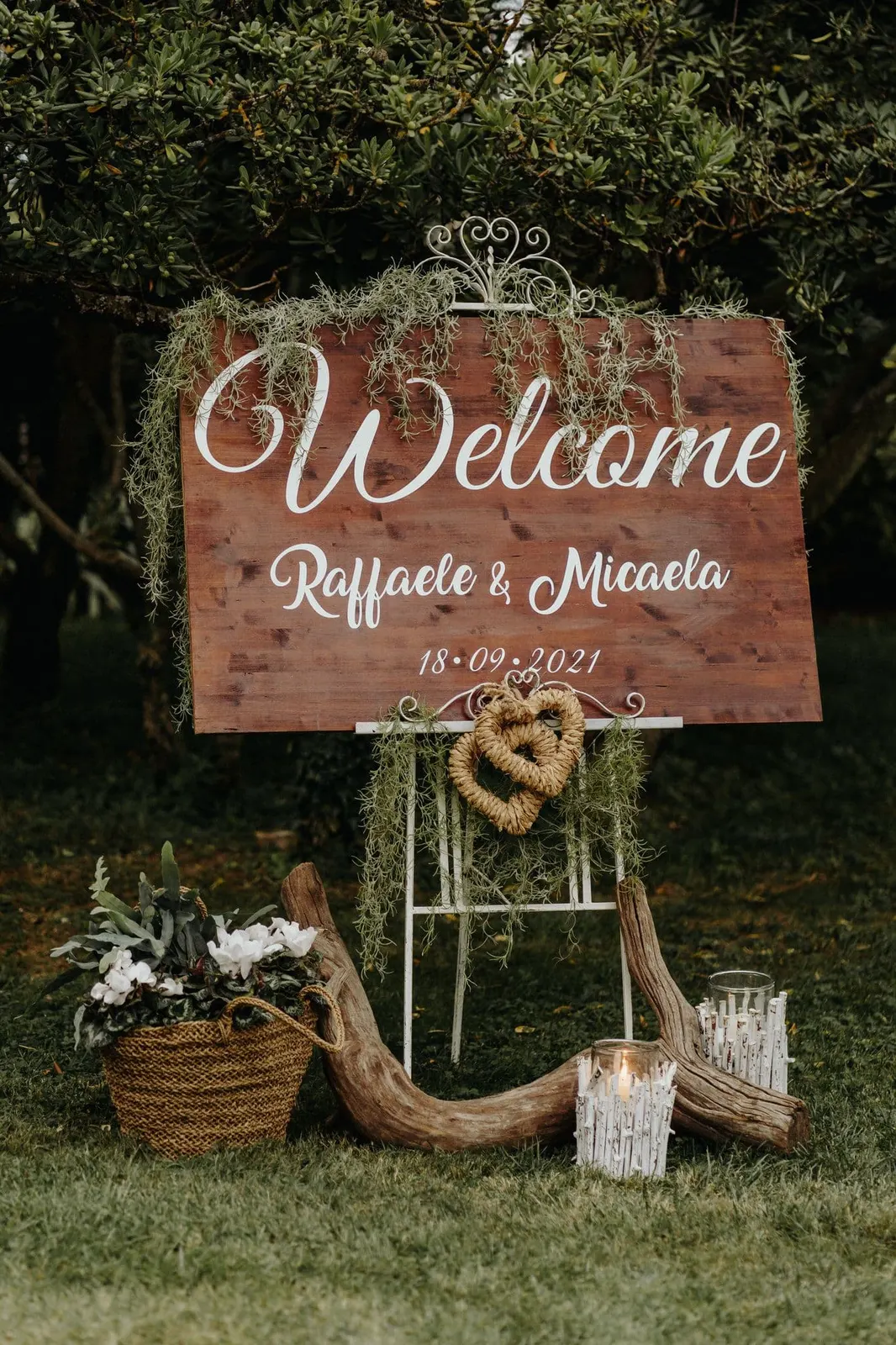 The wooden welcome sign with the couple's names, in the park