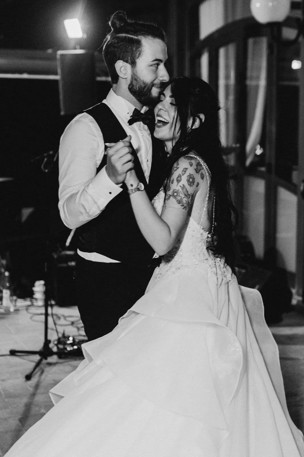 The couple's first dance, in black and white