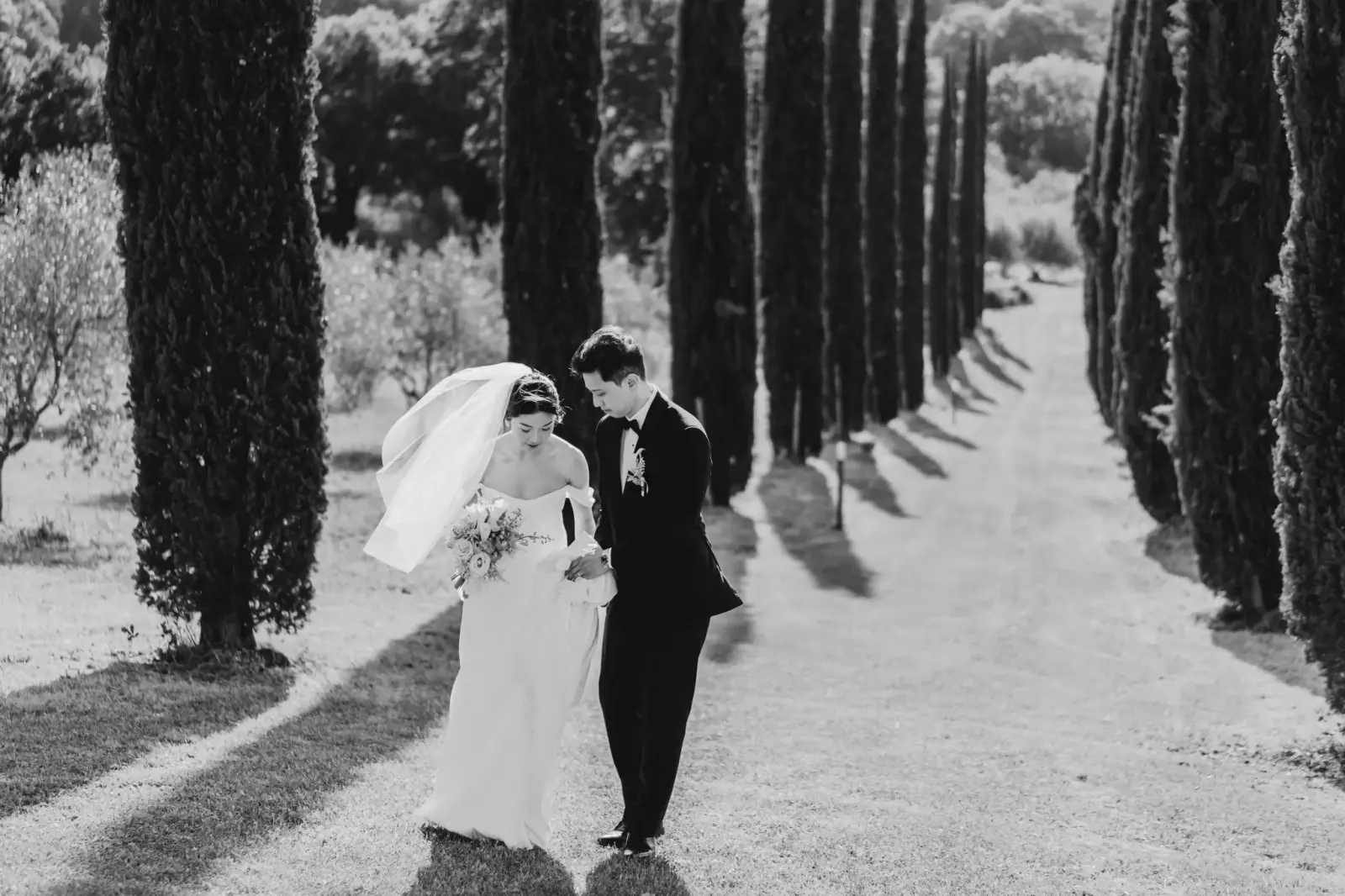 Audrey e James nel viale dei cipressi con il velo al vento, in bianco e nero