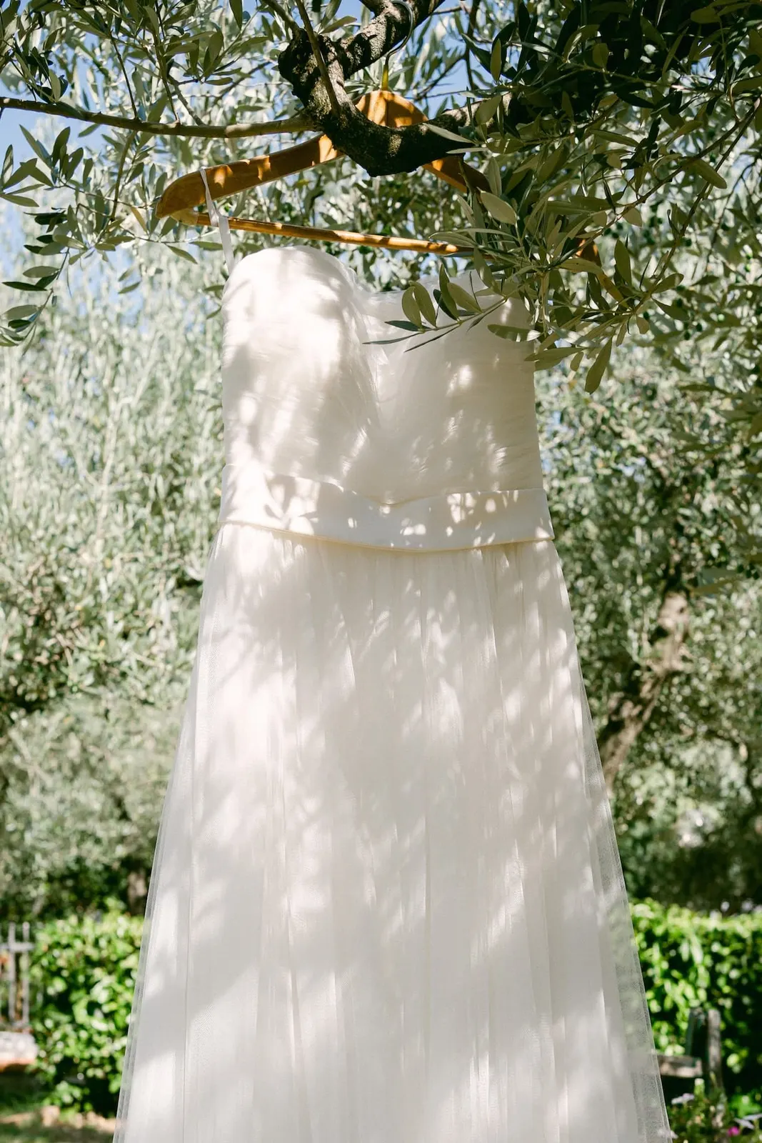 The wedding dress hanging from an olive tree in the garden of Abbazia San Pietro in Valle