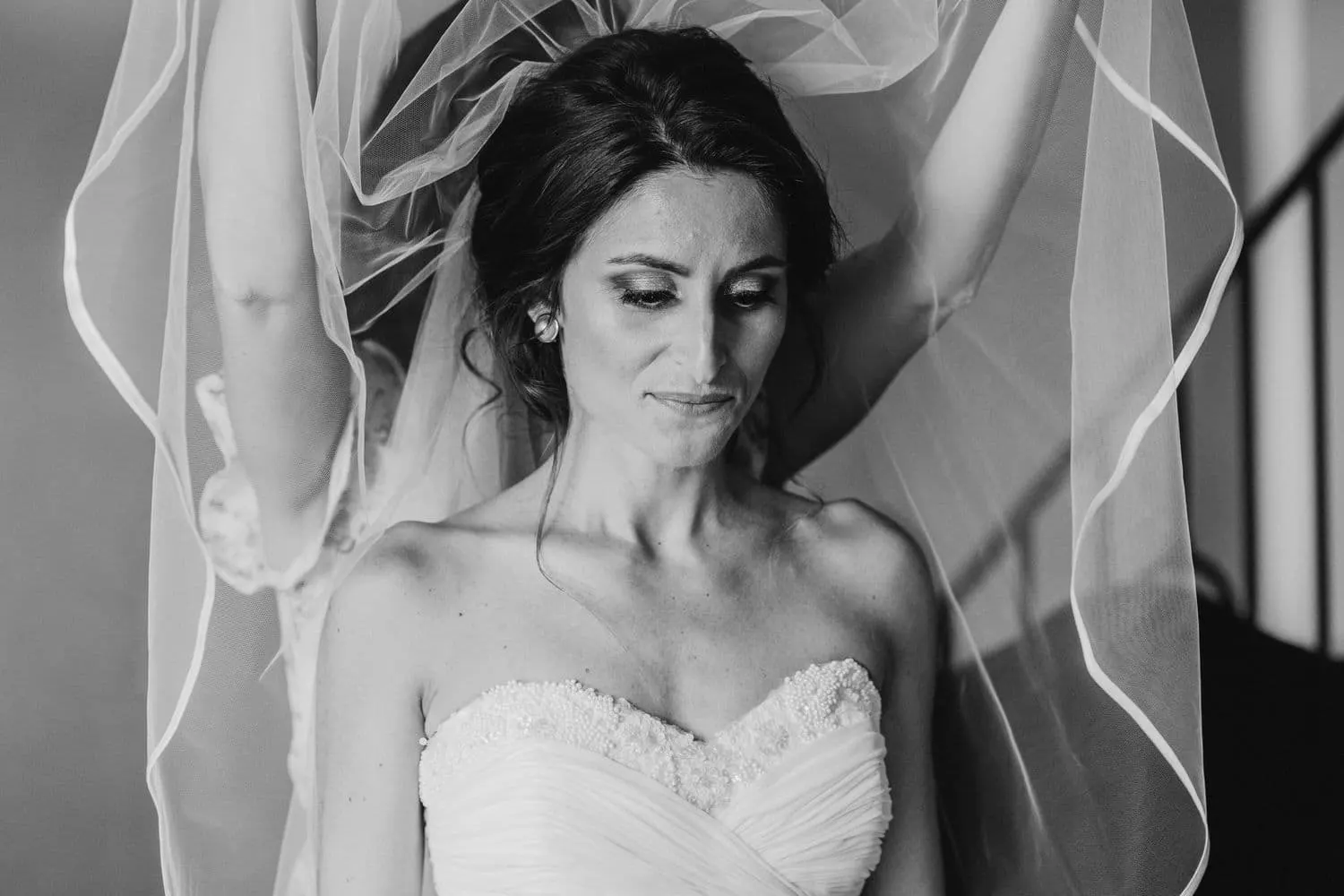 Portrait of Giulia under her veil, in black and white